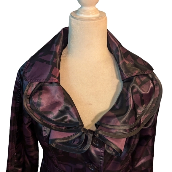 Nick & Mo Anthropology purple/ black satin ruffle collar unique trenchcoat sz S - Picture 8 of 13